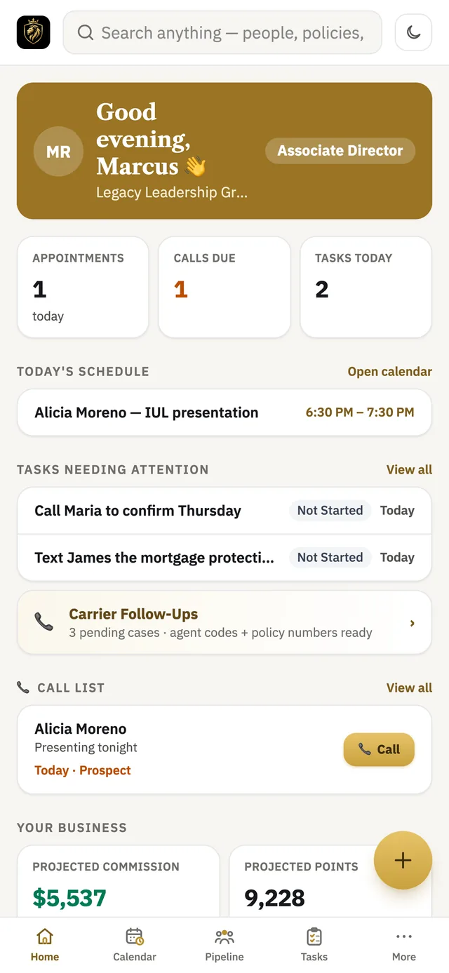 Legacy Pipeline dashboard on a phone