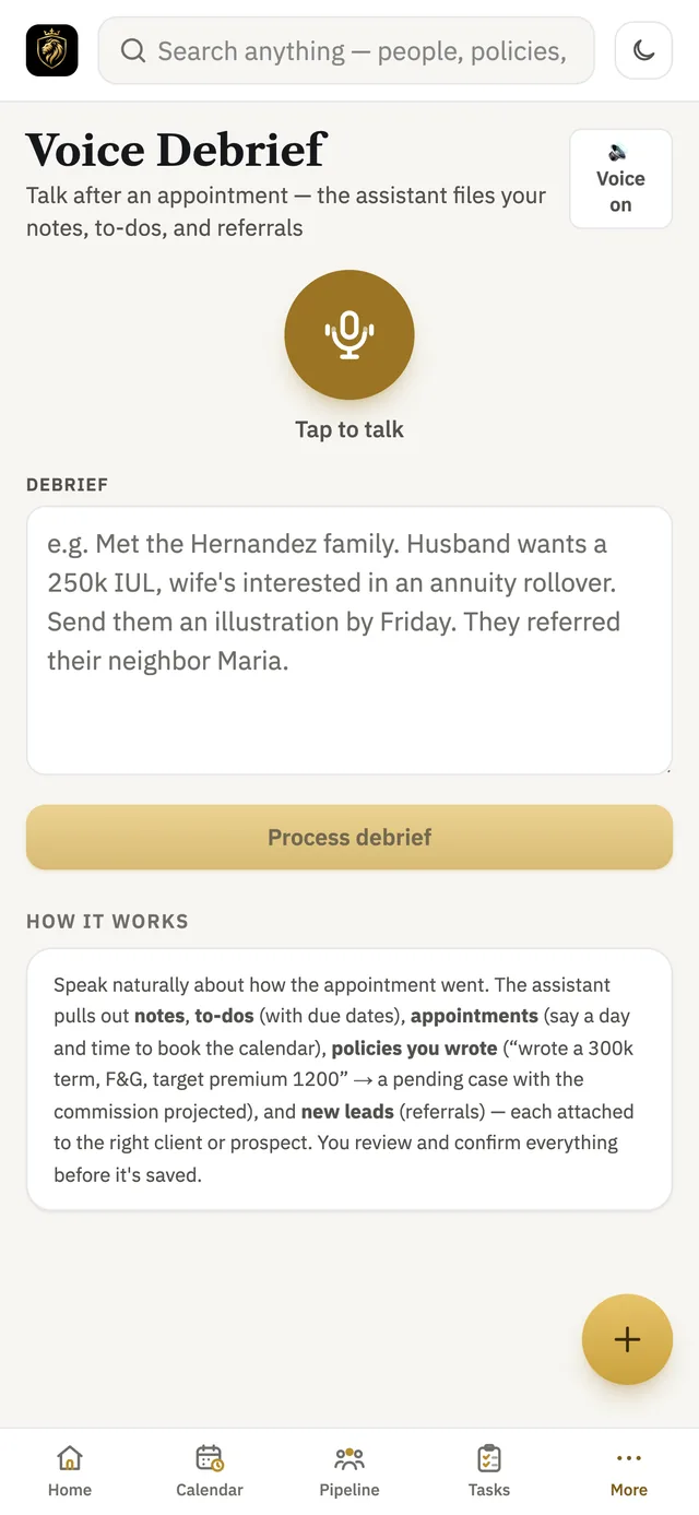 Voice debrief screen