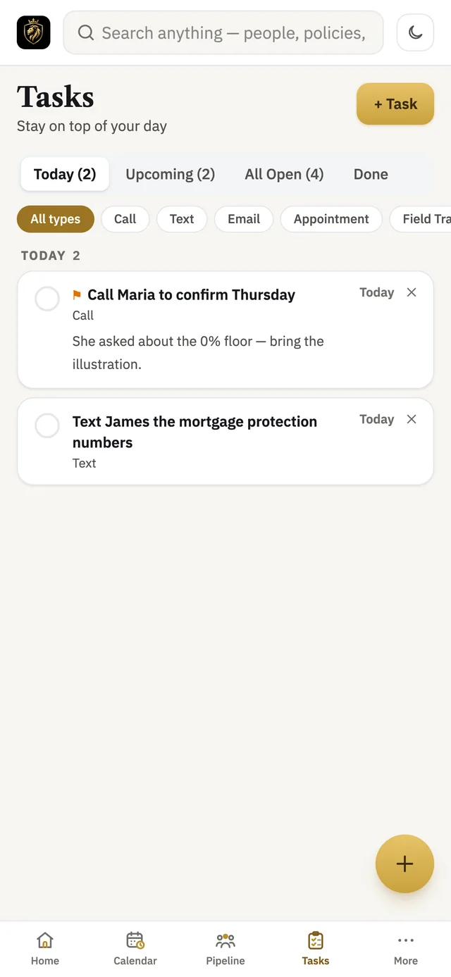 Tasks screen