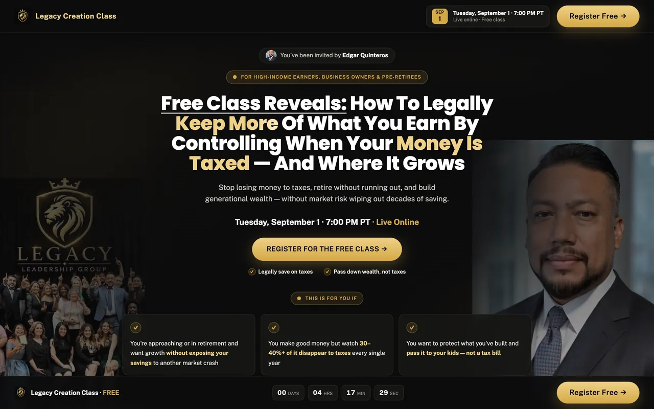 A personal registration page for the Legacy Creation Class
